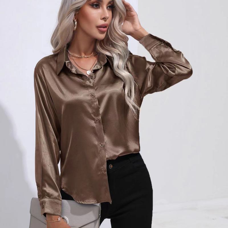 Long Sleeve Button-Down Satin Blouse