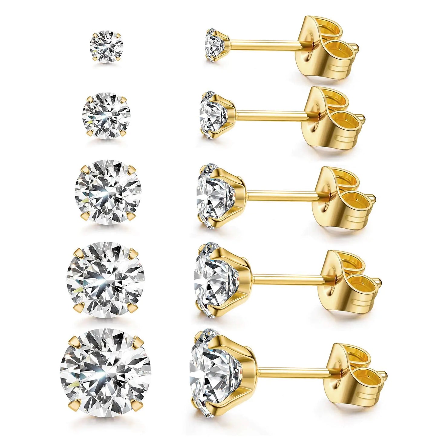 Kainier Women's 14K Gold Plated CZ Stud Earrings Simulated Diamond Round Cubic Zirconia Ear Stud Set（5 Pairs)… BXG GOLD