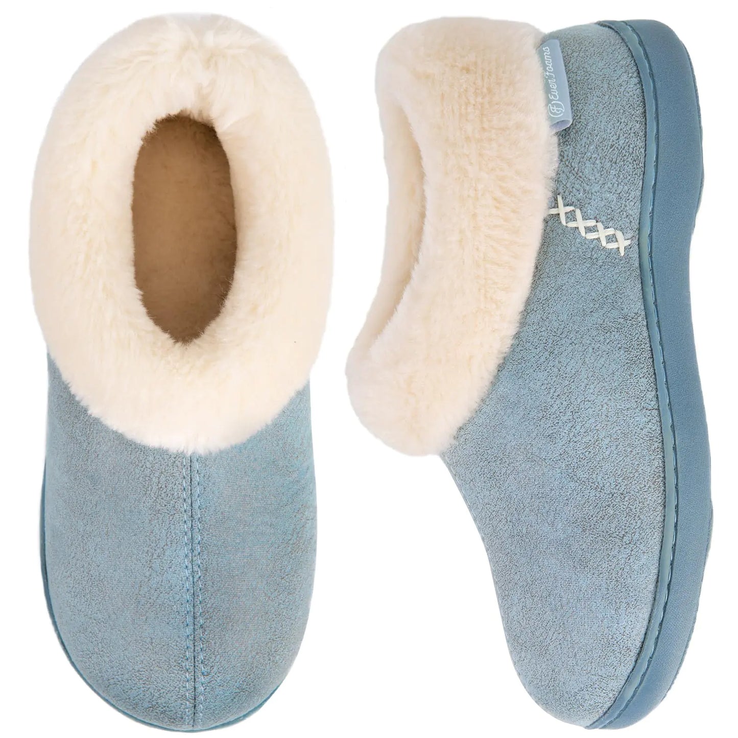 EverFoams Women's Micro Suede Cozy Memory Foam Winter Slippers with Fuzzy Faux Fur Collar and Indoor Outdoor Rubber Sole 11-12 Blue