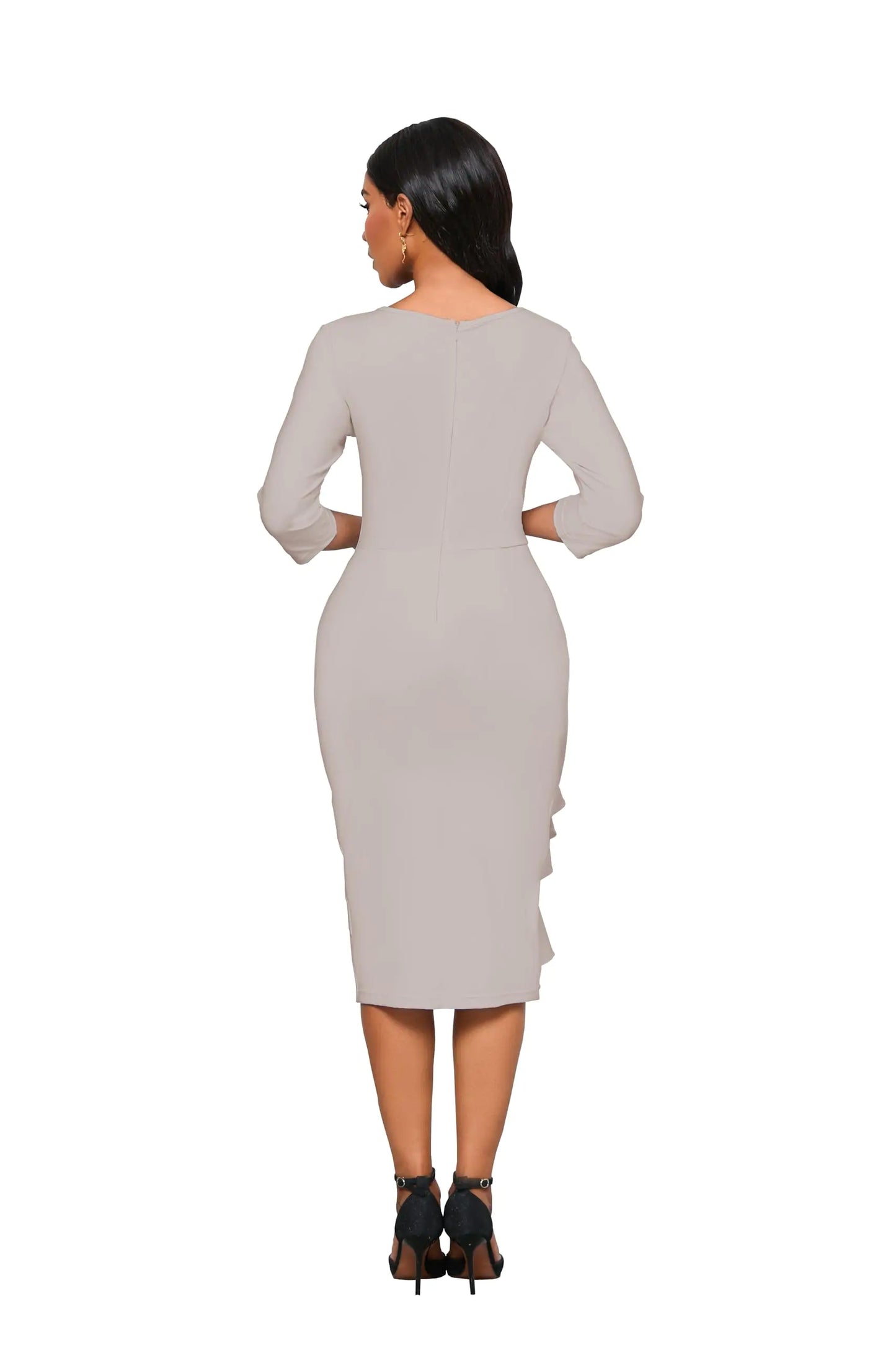 Church Dresses for Women 3/4 Sleeve Bodycon Ruffle Vintage Wear to Work Pencil Midi Dress Medium Apricot