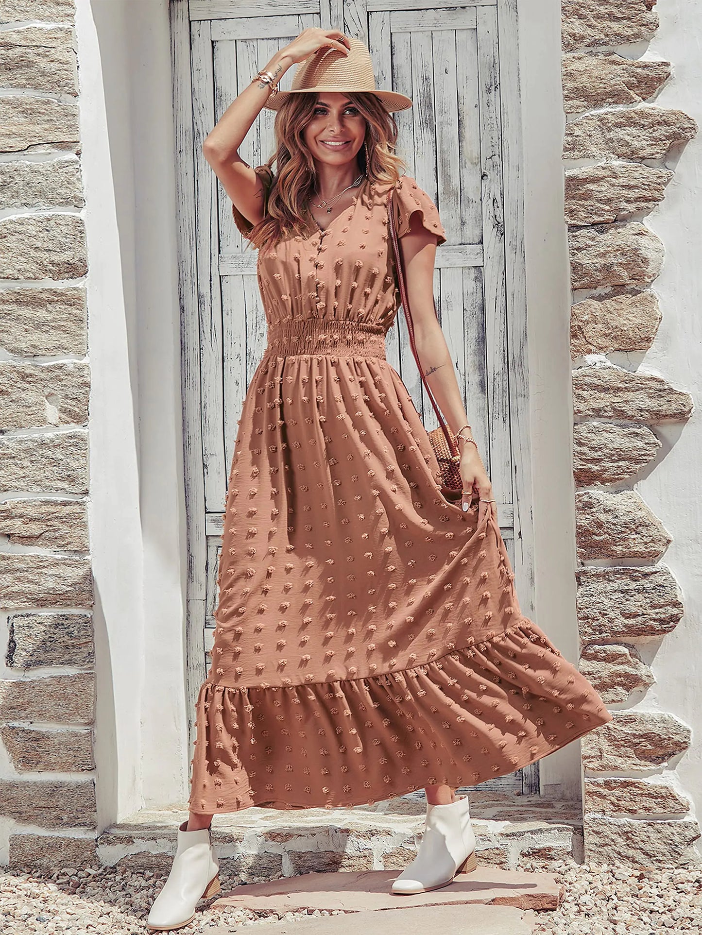 PRETTYGARDEN Womens Dresses 2024 Boho Short Sleeve V Neck Swiss Dot Ruffle Tiered Maxi Dress Smocked Long Cocktail Dresses X-Large Brown